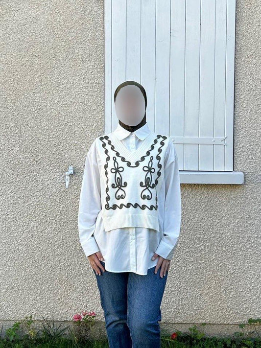 Chemise avec Pull Sans Manches Brodé